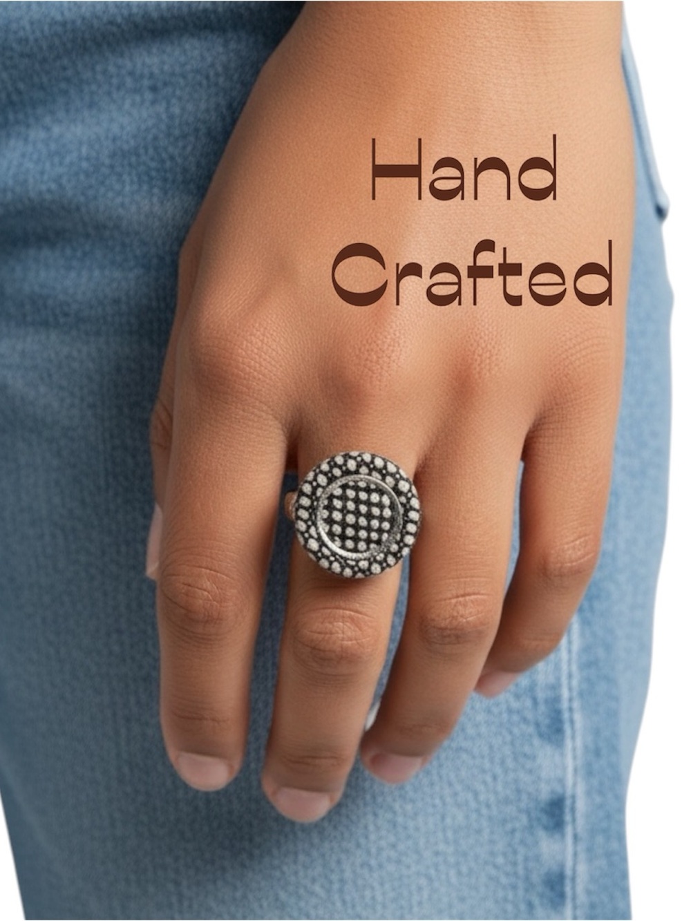 Hand Crafted Brown Cream Plaid Fabric Button Adjustable Ring NWT OS